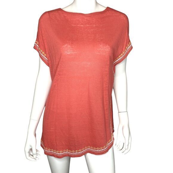 Linen Knit Embroidered Tunic Top Boat Neck Coral Color Keyhole Cut-Out Women’s L - Picture 1 of 5